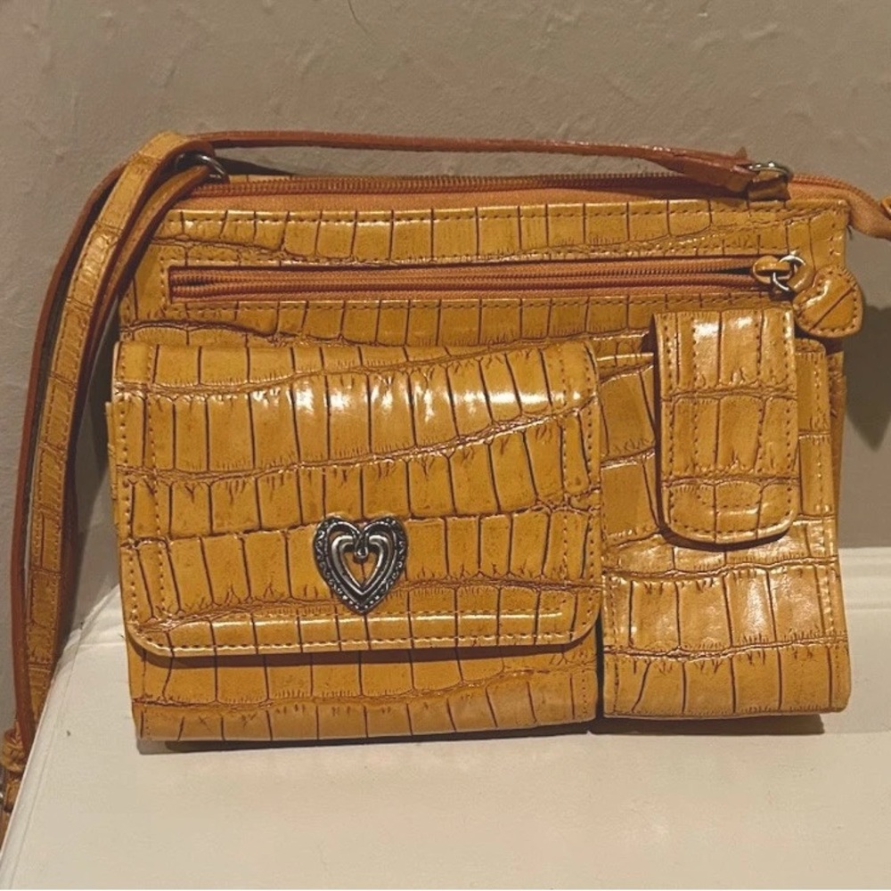 Brighton Croc-Embossed Mustard Crossbody with Heart Charm